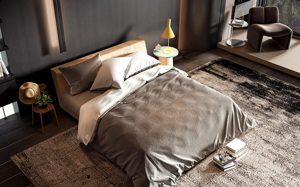 Double Bed in Modern Bedroom with Beige Headboard Gray White Bedding Yellow Table Lamp Rug 3d model 