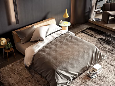 Double Bed in Modern Bedroom with Beige Headboard Gray White Bedding Yellow Table Lamp Rug 3d model