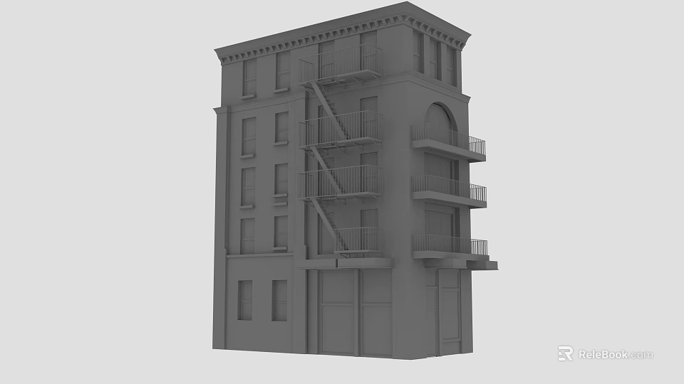 Multi Story Building Exterior with Fire Escape Balconies and Windows 3d model 
