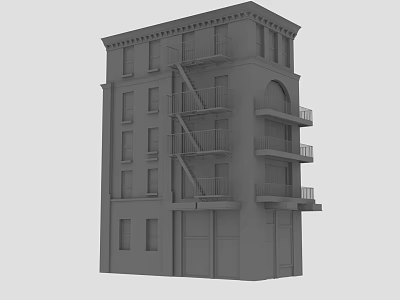 Multi Story Building Exterior with Fire Escape Balconies and Windows 3d model