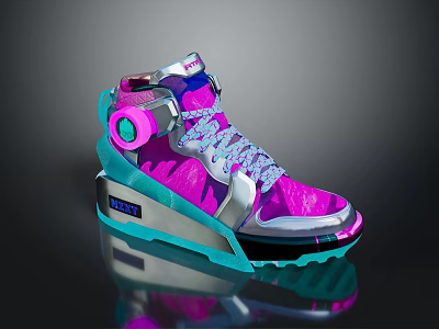 Futuristic Pink Silver High Top Shoes With Neon Accents Light Blue Laces Blue Sole 3d model