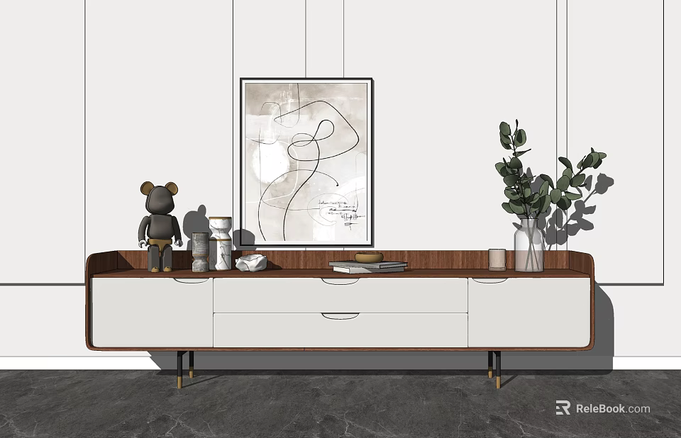 Modern TV Stand With White And Walnut Finish Metal Legs Wall Artwork And Potted Plant 3d model 