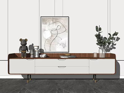 Modern TV Stand With White And Walnut Finish Metal Legs Wall Artwork And Potted Plant 3d model