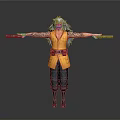 Blue Haired Character In Yellow Vest With Red Belt And Arm Tattoos Holding Dual Sticks