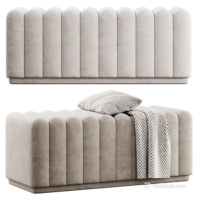 Modern Light Gray Upholstered Ottoman With Decorative Stitching Accent Pillow And Throw Blanket 3d model 
