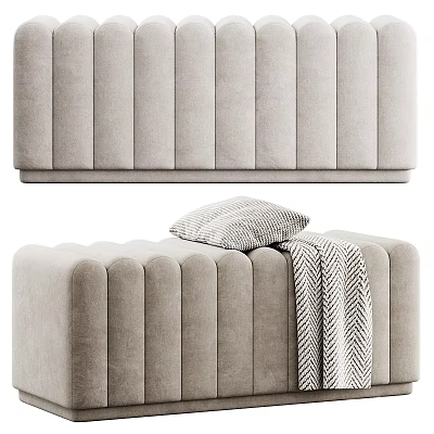 Modern Light Gray Upholstered Ottoman With Decorative Stitching Accent Pillow And Throw Blanket 3d model