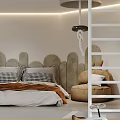 Modern Bright Kids Room Interior With Spiral Slide Bunk Bed Grid Railing And Circular Decorations