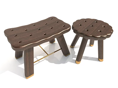 Wooden Stools With Button Tufted Seats And Gold Metal Legs In Rectangular And Round Shapes 3d model