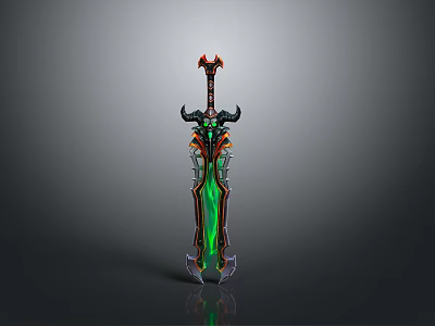 Ornate Fantasy Sword With Horned Hilt Green Glowing Blade And Red Black Accents 3d model