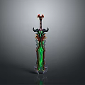 Ornate Fantasy Sword With Horned Hilt Green Glowing Blade And Red Black Accents