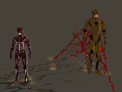 Game And Movie Characters In Red And Yellow Suits With Red Lightning Effects 3d model