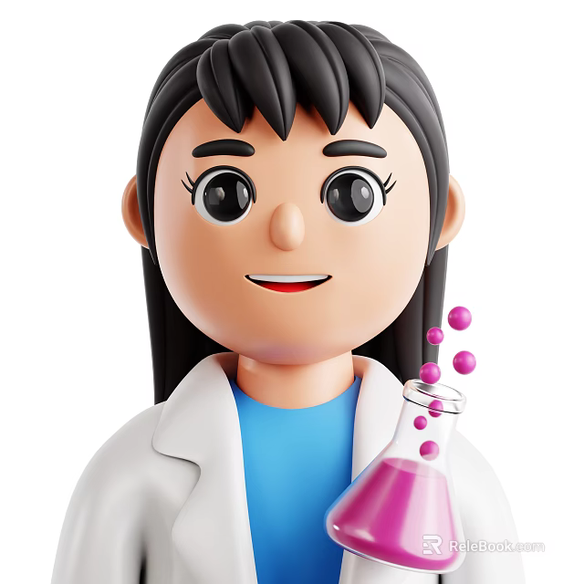 Woman In White Lab Coat And Blue Top Holding Flask With Pink Liquid Purple Bubbles 3d model 