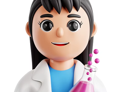 Woman In White Lab Coat And Blue Top Holding Flask With Pink Liquid Purple Bubbles 3d model