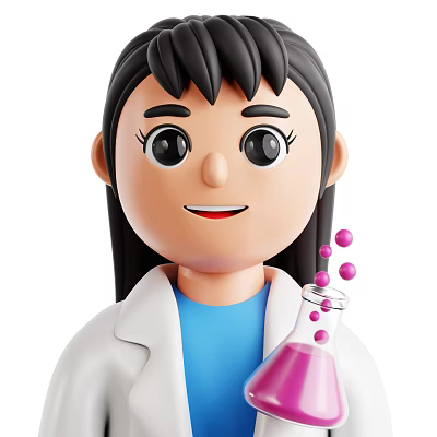 Woman In White Lab Coat And Blue Top Holding Flask With Pink Liquid Purple Bubbles 3d model