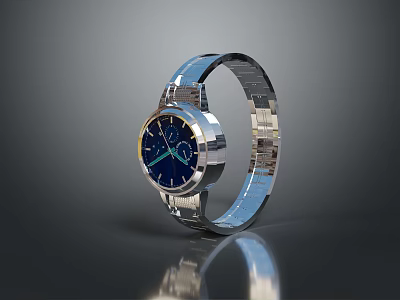 Stylish Modern Watch With Silver Stainless Steel Band And Blue Dial 3d model