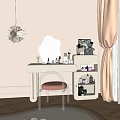White Dressing Table With Unique Mirror Acrylic Chair Pink Cushion Skincare Cosmetics And Potted Plant