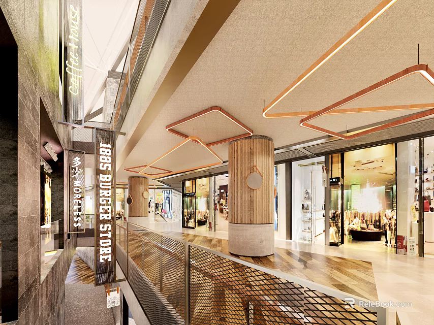 Open Layout Shopping Mall Stores With Geometric Lighting Glass Fronts And Wooden Pillars 3d model 