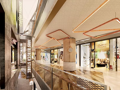 Open Layout Shopping Mall Stores With Geometric Lighting Glass Fronts And Wooden Pillars 3d model