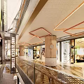 Open Layout Shopping Mall Stores With Geometric Lighting Glass Fronts And Wooden Pillars