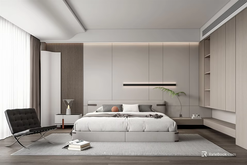 Modern Bedroom Interior Design With Neutral Paneled Wall Bed Area Rug And Black Armchair 3d model 