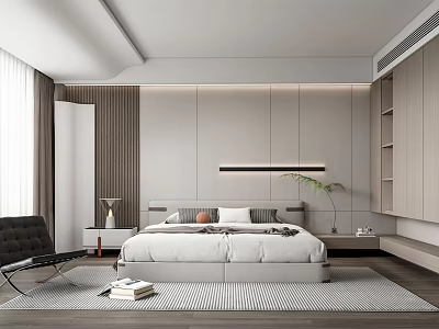 Modern Bedroom Interior Design With Neutral Paneled Wall Bed Area Rug And Black Armchair 3d model