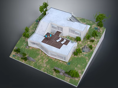 Modern White House With Flat Roof Wooden Terrace Blue Lounge Chairs And Greenery 3d model