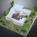 Modern White House With Flat Roof Wooden Terrace Blue Lounge Chairs And Greenery