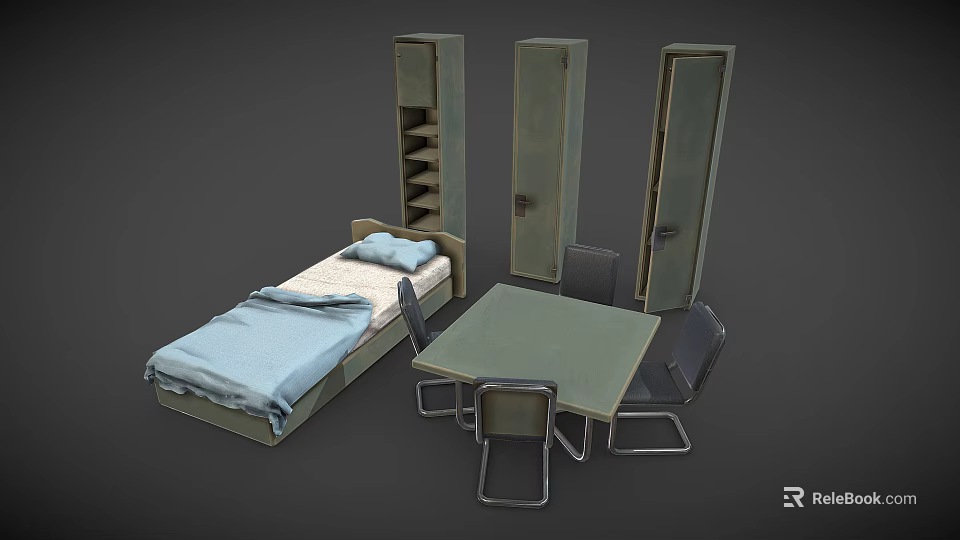Medical Patient Bed With Blue Bedding Clinical Storage Cabinets And Hospital Tables Chairs 3d model 