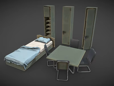 Medical Patient Bed With Blue Bedding Clinical Storage Cabinets And Hospital Tables Chairs 3d model