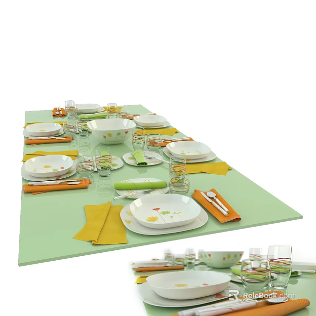 Elegant Dinnerware Set for Modern Table Setting with White Floral Plates Yellow Napkins and Glassware 3d model 