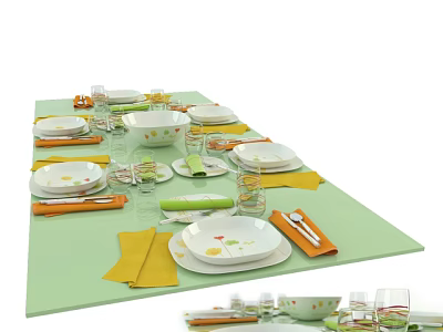 Elegant Dinnerware Set for Modern Table Setting with White Floral Plates Yellow Napkins and Glassware 3d model