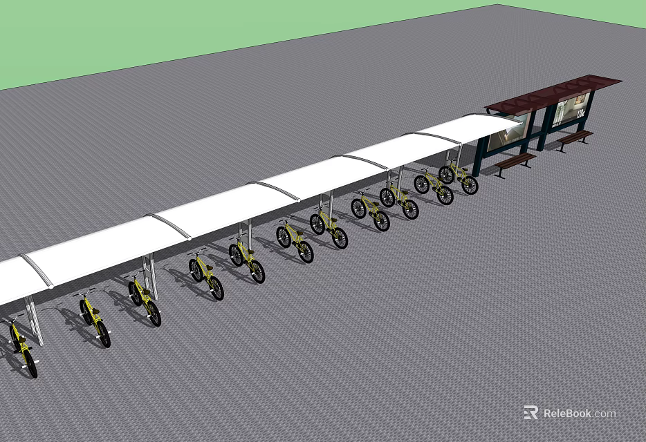 Covered Bicycle Parking Shed With Rows of Bicycles and End Pavilion Structure 3d model 