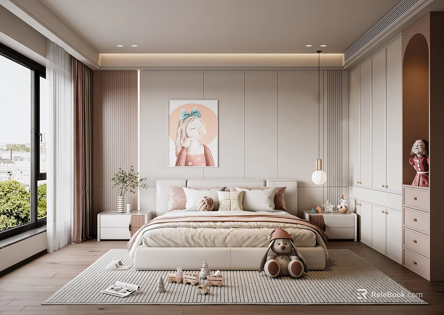 Modern Cozy Bedroom Interior Design With Bed Pillows Rug Wardrobe And Wall Painting 3d model 