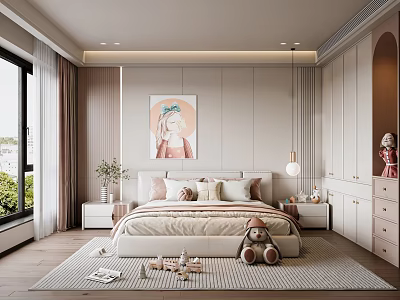 Modern Cozy Bedroom Interior Design With Bed Pillows Rug Wardrobe And Wall Painting 3d model