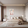 Modern Cozy Bedroom Interior Design With Bed Pillows Rug Wardrobe And Wall Painting