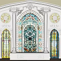 Ornate Arched Stained Glass French Windows With Decorative Circular Patterns And White Frame