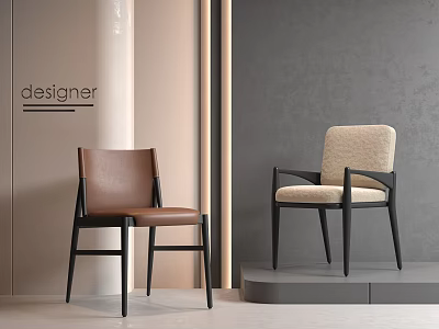 Brown Leather and Beige Upholstered Dining Chairs in Modern Designer Style 3d model