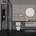 Modern Bathroom Interior With Circular Illuminated Mirror Wooden Slat Wall Vanity And Shower Area
