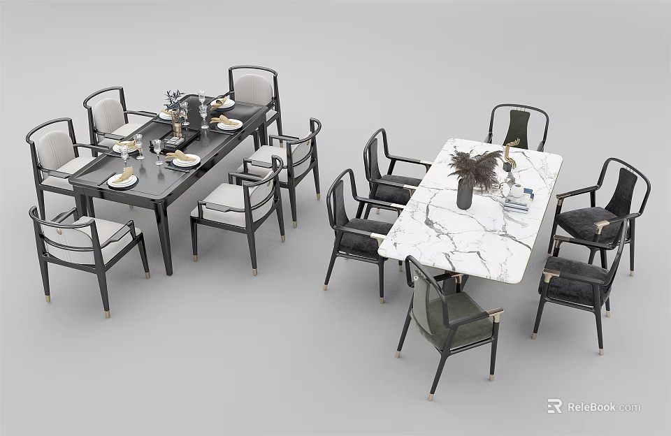 Modern Dining Table Set With Marble Top And Stylish Black Chairs 3d model