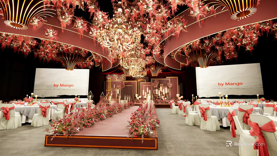 Elegant Event Stage With Floral Decorations Chandeliers Screens And Table Settings 3d model 
