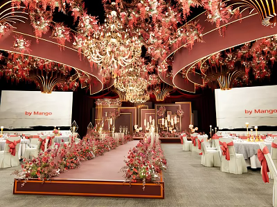 Elegant Event Stage With Floral Decorations Chandeliers Screens And Table Settings 3d model