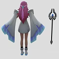 Detailed Pink Haired Winged Fantasy Character In White Blue Outfit With Magic Staff