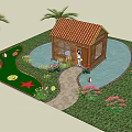 Wooden Cabin With Brown Tiled Roof Surrounded By Colorful Flowers And Garden Path