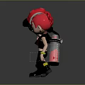 Spiky Red Hair Green Eyes Game Character Holding Red Weapon In Black Outfit With Yellow Accessories