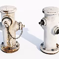 Two White Rusted Fire Hydrants With Chain And Outdoor Base Details 3d model