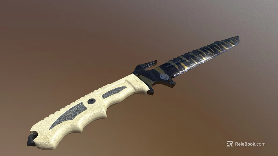 Tactical Serrated Knife With Beige Non Slip Handle And Black Blade Design 3d model 