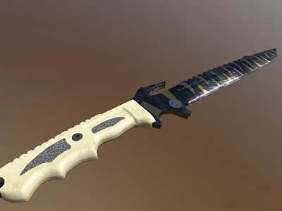 Tactical Serrated Knife With Beige Non Slip Handle And Black Blade Design 3d model
