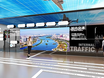 Indoor Traffic Exhibition Hall With Solar Panel Ceiling Airplane Model And Cityscape 3d model