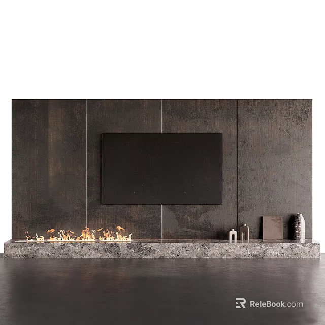 Dark Textured TV Background Wall with Black TV Screen Stone Platform Flames and Decorative Vases 3d model 