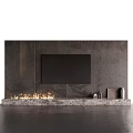 Dark Textured TV Background Wall with Black TV Screen Stone Platform Flames and Decorative Vases